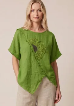 Bluza din in verde olive cu paiete si broderie, croi lejer asimetric, stil elegant natural imagine