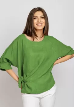 Bluza din in verde olive, masura mare cu nod pe talie imagine