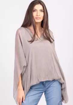 Bluza din matase naturala bej, cu decolteu in V in fata si pe spate imagine