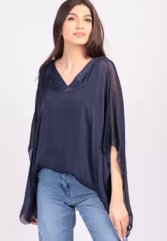 Bluza din matase naturala bleumarin, cu decolteu in V in fata si pe spate imagine