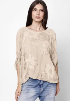 Bluza din matase naturala brodata, cu dantela pe spate, bej imagine