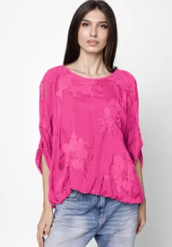 Bluza din matase naturala brodata, cu dantela pe spate, fucsia imagine