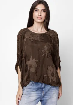 Bluza din matase naturala brodata, cu dantela pe spate, maro imagine