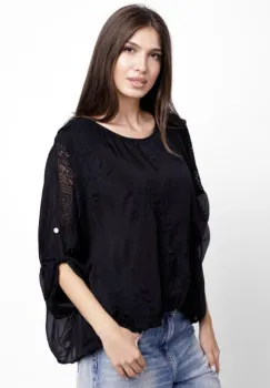 Bluza din matase naturala brodata, cu dantela pe spate, neagra imagine