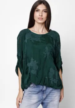 Bluza din matase naturala brodata, cu dantela pe spate, verde inchis imagine