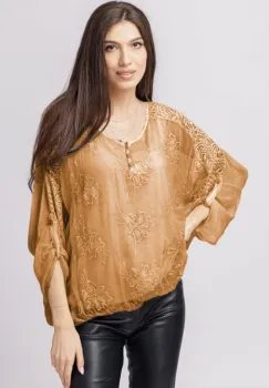 Bluza din matase naturala camel brodata si dantela pe spate si nasturei imagine