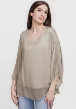 Bluza din matase naturala cu maneca clopot, bej inchis imagine