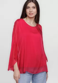 Bluza din matase naturala cu maneca clopot, fucsia inchis imagine