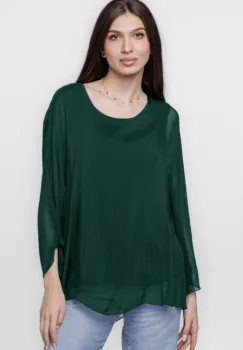 Bluza din matase naturala cu maneca clopot, verde inchis imagine
