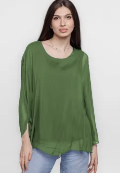 Bluza din matase naturala cu maneca clopot, verde oliv imagine