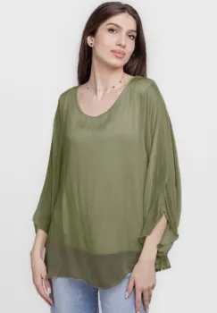 Bluza din matase naturala cu maneca evazata si dublura, fucsia - Copie imagine