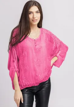 Bluza din matase naturala fucsia brodata si dantela pe spate imagine