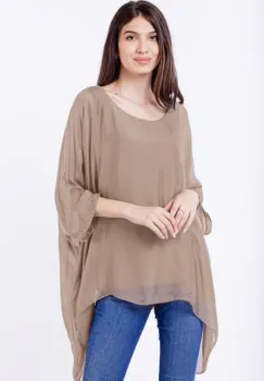 Bluza din matase naturala in colturi, bej inchis imagine