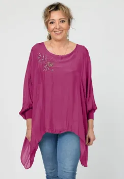 Bluza din matase naturala in colturi cu broderie cu paiete aurii mate, mov zmeura imagine