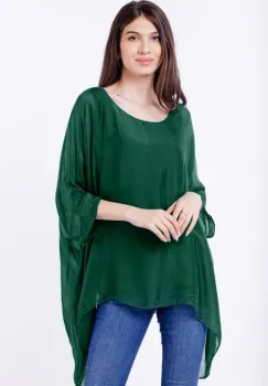 Bluza din matase naturala in colturi, verde inchis imagine