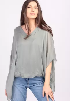 Bluza din matase naturala kaki, cu decolteu in V in fata si pe spate imagine