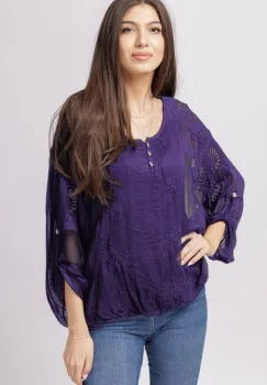 Bluza din matase naturala mov brodata si dantela pe spate imagine