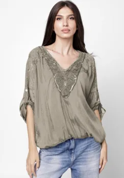 Bluza din matase naturala platca brodata, cu paiete fine si cu dantela pe spate, bej inchis imagine