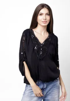 Bluza din matase naturala platca brodata, cu paiete fine si cu dantela pe spate, neagra imagine
