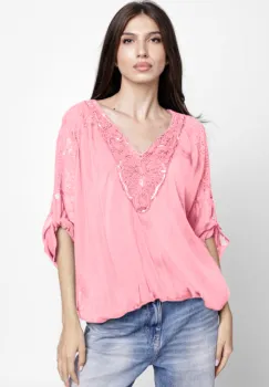 Bluza din matase naturala platca brodata, cu paiete fine si cu dantela pe spate, roz imagine