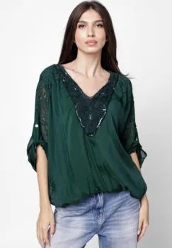 Bluza din matase naturala platca brodata, cu paiete fine si cu dantela pe spate, verde inchis imagine