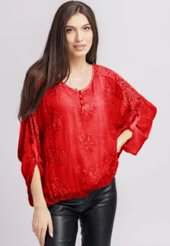 Bluza din matase naturala rosie brodata si dantela pe spate si nasturei imagine
