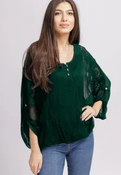 Bluza din matase naturala verde inchis brodata si dantela pe spate imagine