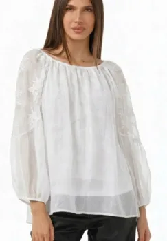 Bluza din matase si vascoza cu broderie sparta si maneci vaporoase, alba imagine