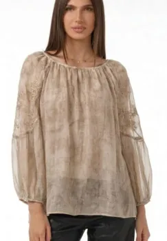 Bluza din matase si vascoza cu broderie sparta si maneci vaporoase, bej imagine