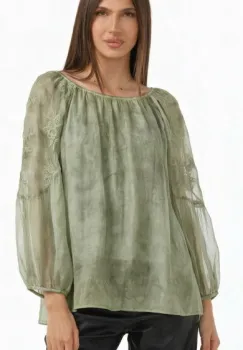 Bluza din matase si vascoza cu broderie sparta si maneci vaporoase, kaki imagine
