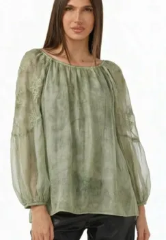 Bluza din matase si vascoza cu broderie sparta si maneci vaporoase, kaki imagine