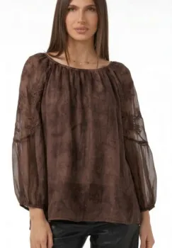 Bluza din matase si vascoza cu broderie sparta si maneci vaporoase, maro imagine