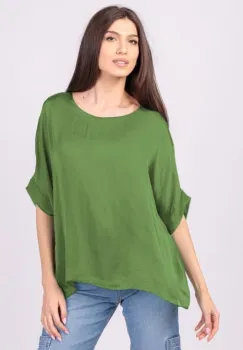 Bluza din matase si vascoza cu funda pe spate, verde oliv imagine