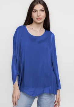 Bluza din matase si vascoza cu maneca clopot, albastru electric imagine