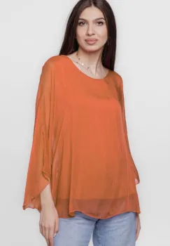 Bluza din matase si vascoza cu maneca clopot, caramizie imagine