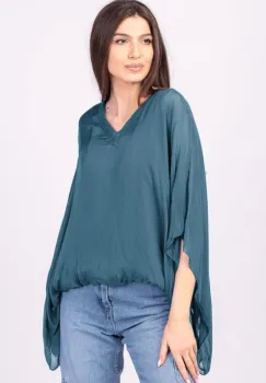 Bluza din matase si vascoza turcoaz inchis, cu decolteu in V in fata si pe spate imagine