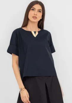 Bluza din poplin de bumbac  cu nasturi pe spate, bleumarin imagine