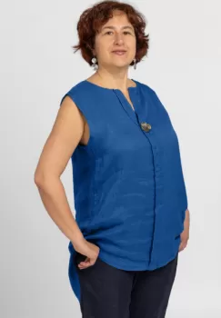 Bluza fara maneci din in cu nasture metalic decorativ, albastra imagine