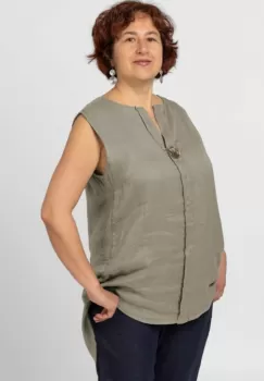 Bluza fara maneci din in cu nasture metalic decorativ, bej inchis imagine