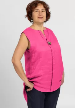 Bluza fara maneci din in cu nasture metalic decorativ, fucsia imagine