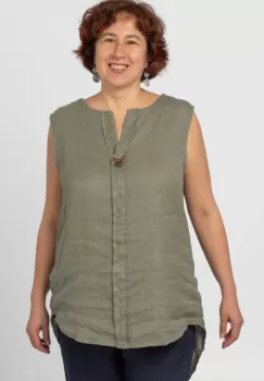 Bluza fara maneci din in cu nasture metalic decorativ, kaki imagine