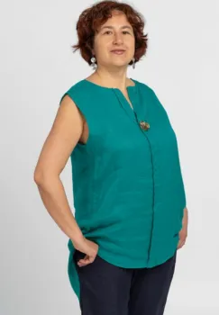 Bluza fara maneci din in cu nasture metalic decorativ, turcoaz imagine