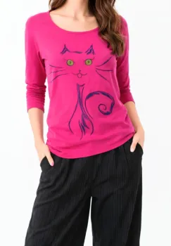 Bluza fuchsia din bumbac  pictata manual ,cu pisicuta stilizata imagine