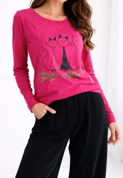 Bluza fuchsia din bumbac  pictata manual ,cu pisicute ,unicat imagine