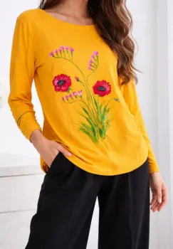 Bluza galbena din bumbac  pictata manual ,cu frezii si maci, unicat imagine