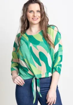 Bluza lejera cu imprimeu abstract verde si nod frontal imagine