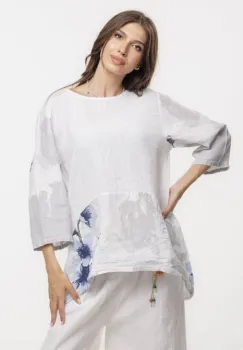 Bluza lejera din in alb cu imprimeu floral pictural imagine