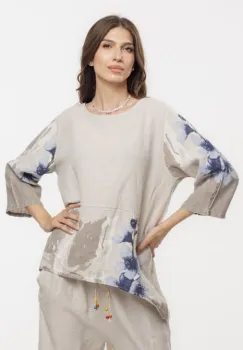 Bluza lejera din in bej cu imprimeu floral pictural imagine