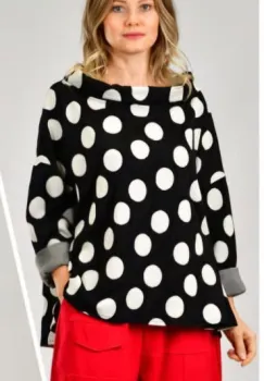 Bluza lejera neagra cu buline albe in relief, cu guler intors, cu bumbac imagine