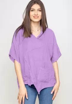 Bluza lila asimetrica din in, cu gluga imagine